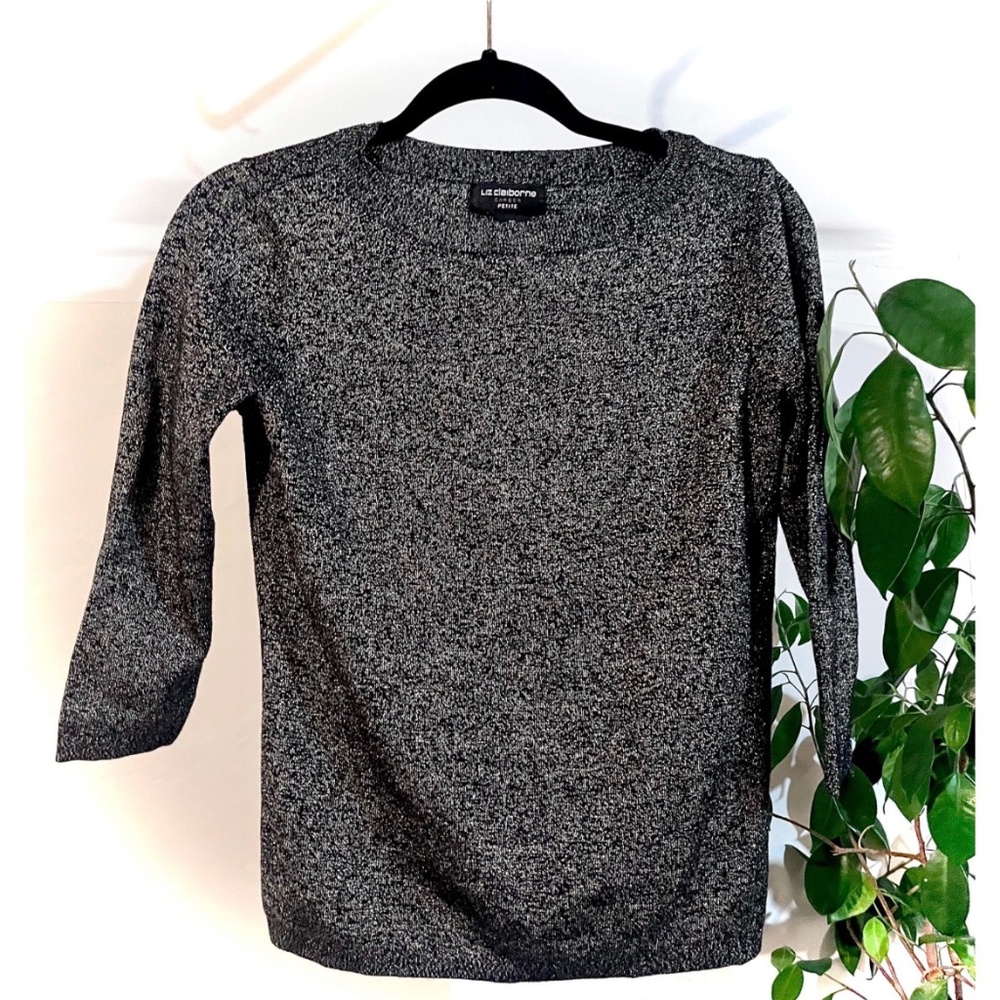 Liz Claiborne Women’s Metallic Grey Blouse Quarter Sleeve Length Pullover Blouse